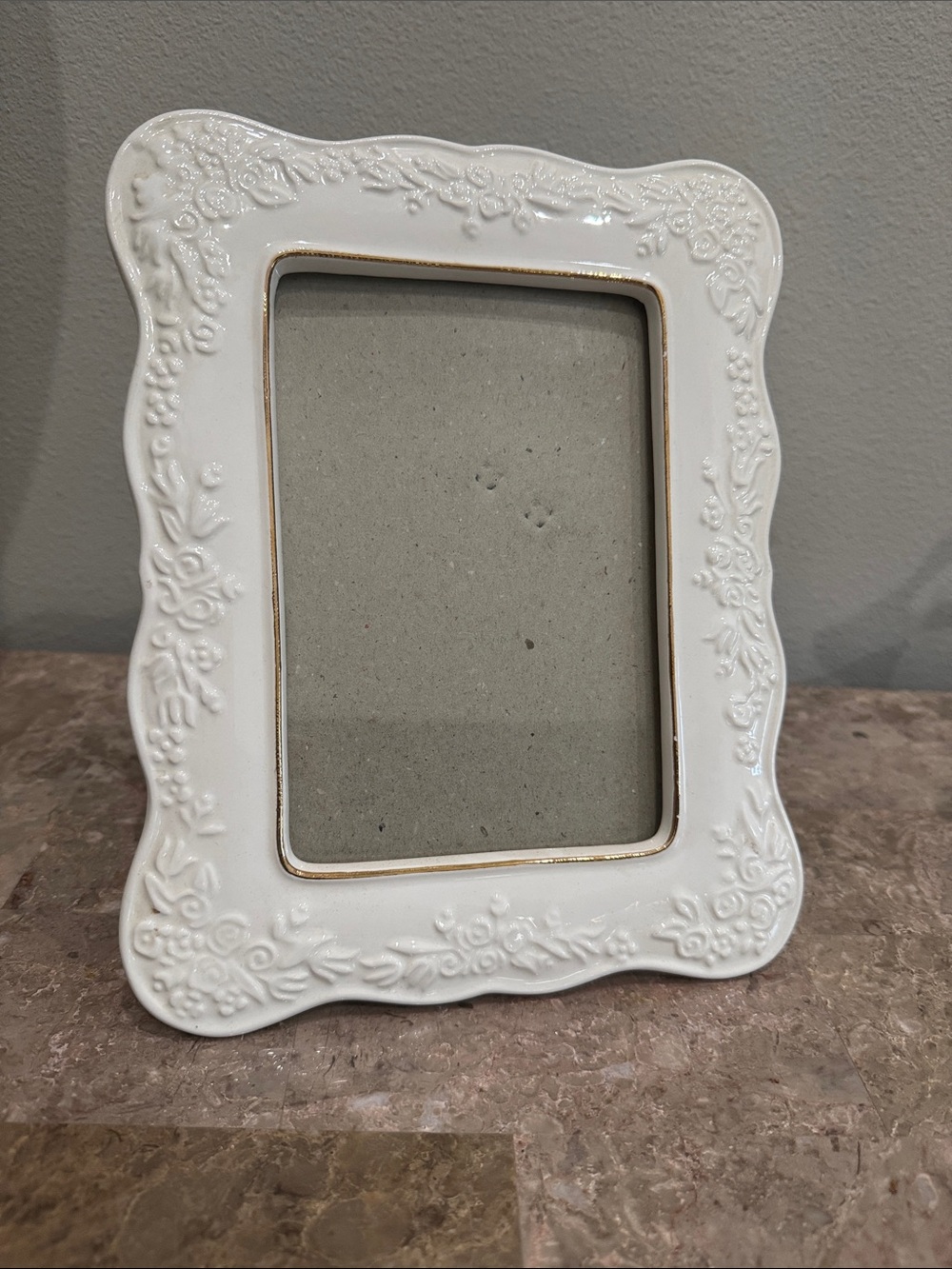 White Ceramic Ornate Picture Frame with Gold inner Trim and glass